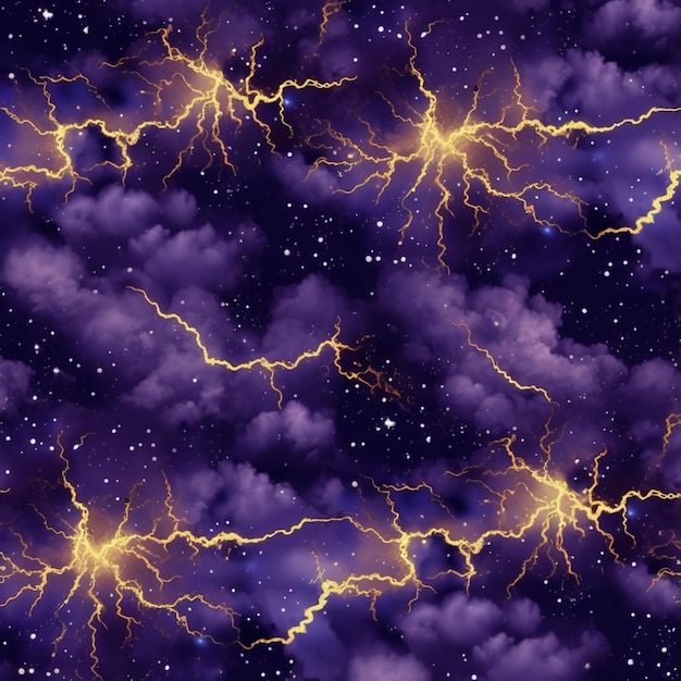 Foto un primo piano di un cielo viola con fulmini e stelle generative ai