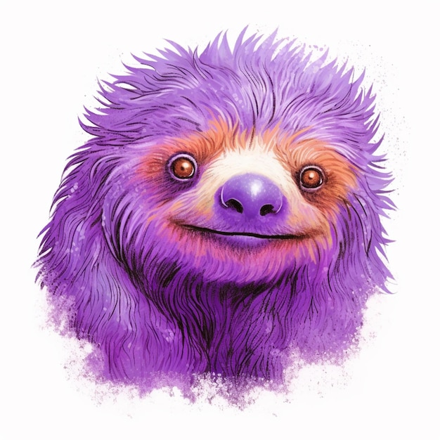 A close up of a purple sloth face with a white background generative ai