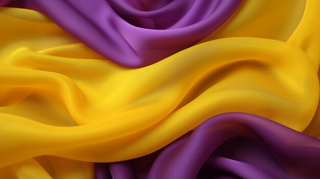 A close up of a purple and yellow fabric with the word