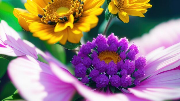 A close up of purple and yellow flowers