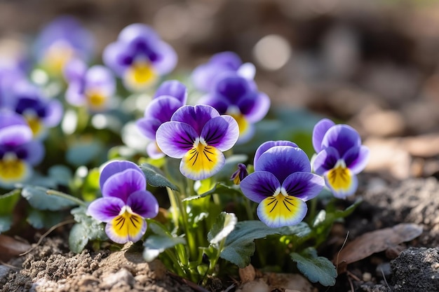 A close up of a purple and yellow pansies in a garden