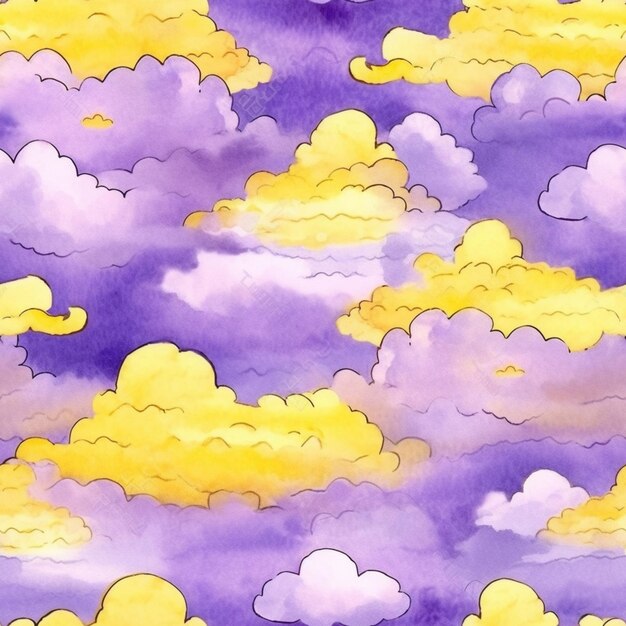 A close up of a purple and yellow sky with clouds generative ai