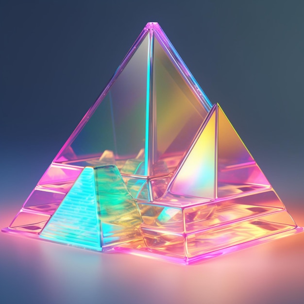 무지개 빛 생성 AI가 있는 피라미드 모양의 물체 클로즈업