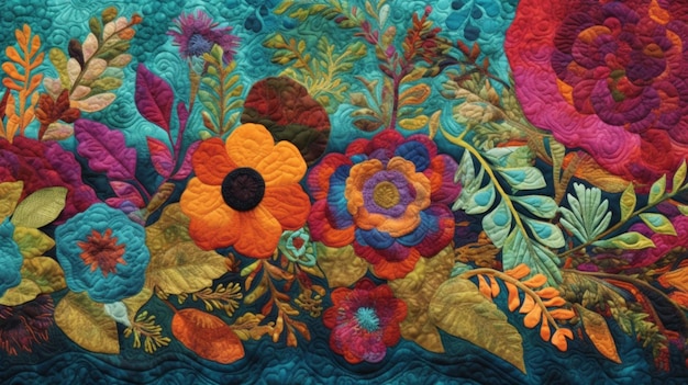 A close up of a quilt with a colorful flower pattern