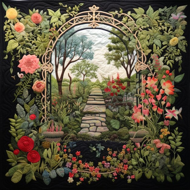 Photo a close up of a quilt with a garden scene on it generative ai