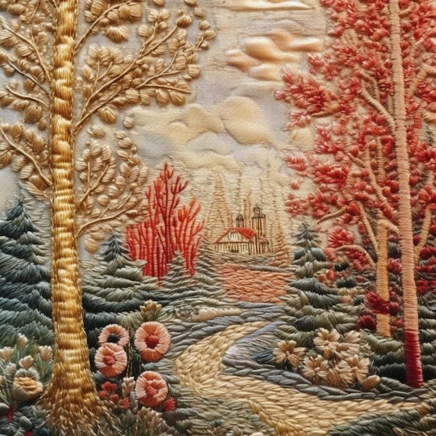 A close up of a quilt with a picture of a path and trees generative ai