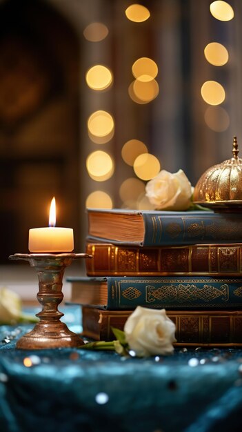 Close up of Quran and candle islamic festive Ramadan Kareem celebration