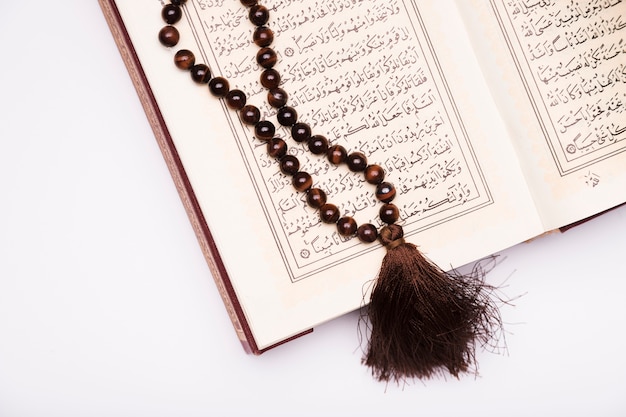 Close-up quran opened on table