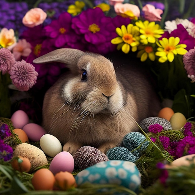 卵と花の入ったバスケットに入ったウサギの生成aiのクローズアップ