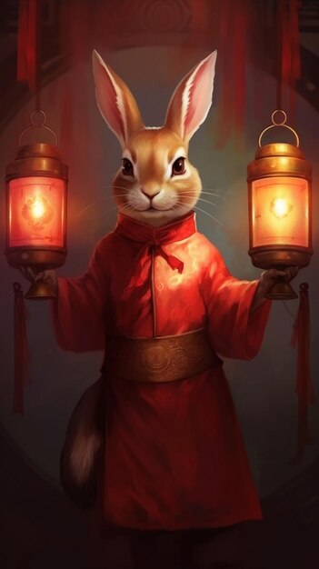 A close up of a rabbit holding two lanterns in a room generative ai
