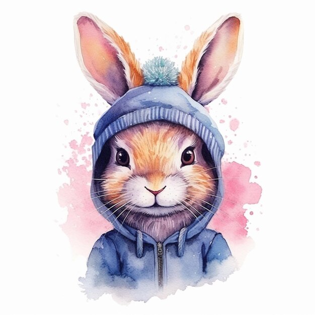 A close up of a rabbit wearing a blue jacket and a hat generative ai