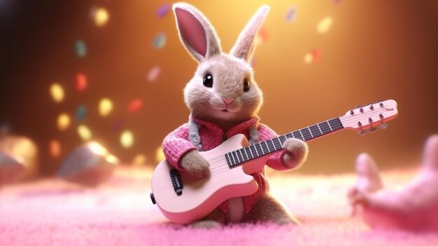 Foto a close up of a rabbit with a guitar on a pink carpet generative ai