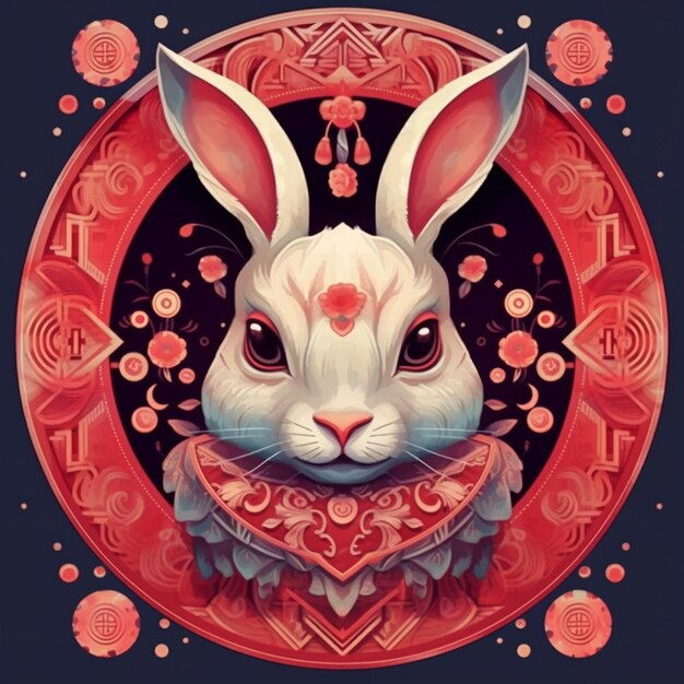 A close up of a rabbit with a red collar and a black background generative ai