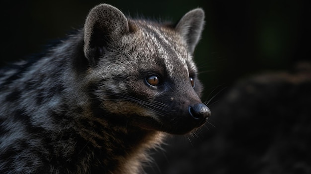 A close up of a raccoon looking to the left.