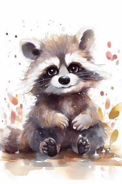 a close up of a raccoon sitting on a table with a white background generative ai