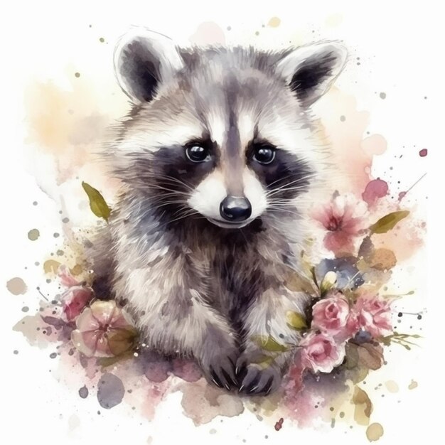 a close up of a raccoon with flowers on a white background generative ai