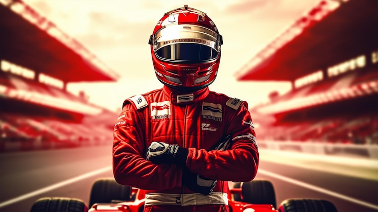 Photo close up of racing driver against race track with red lights
