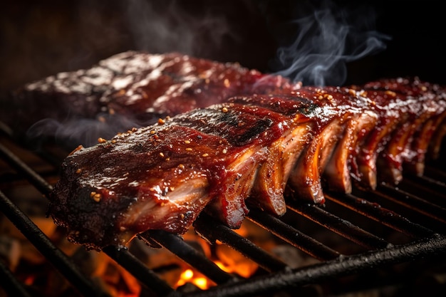 a close up of a rack of ribs on a grill