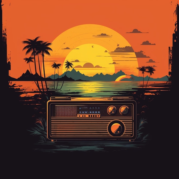 a close up of a radio on a beach with palm trees generative ai