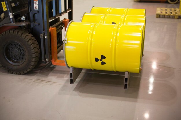 Close-up of radioactive barrels