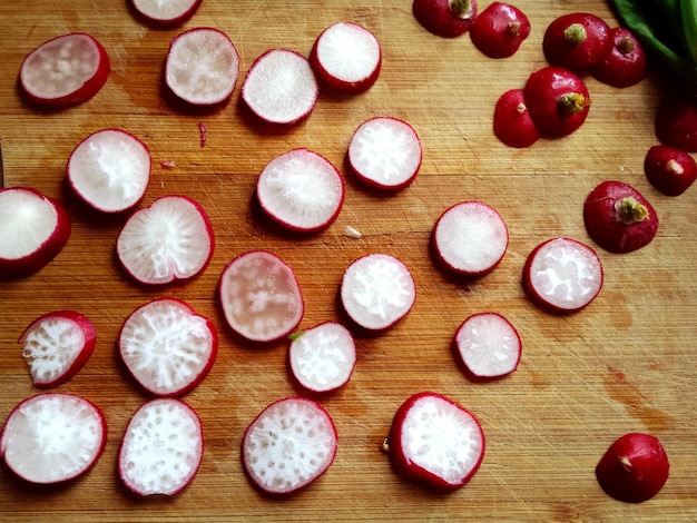 Close-up of radish slices on table