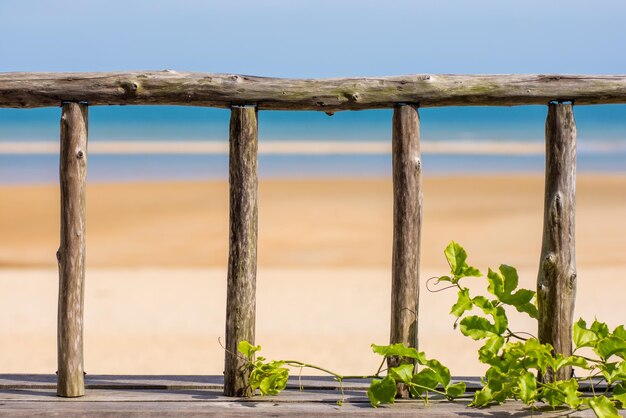 Foto close-up di una ringhiera sulla spiaggia