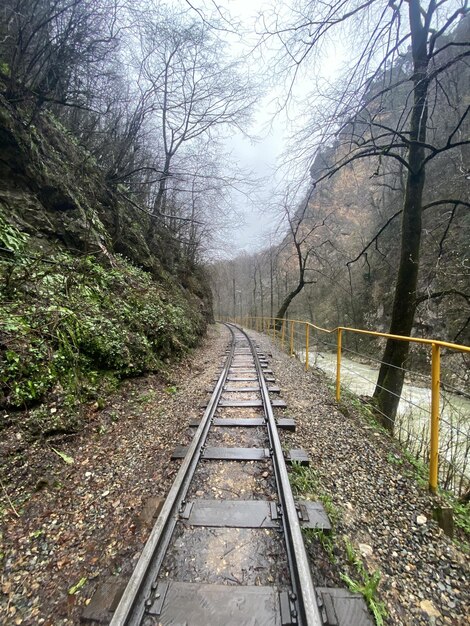 산악 지형의 철도 폐쇄 놀랍고 신비로운 자연 속에서 비가 오는 날씨에 철도 트랙