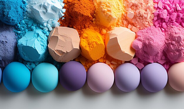 A close up of a rainbow of colored eggs and paste generative ai