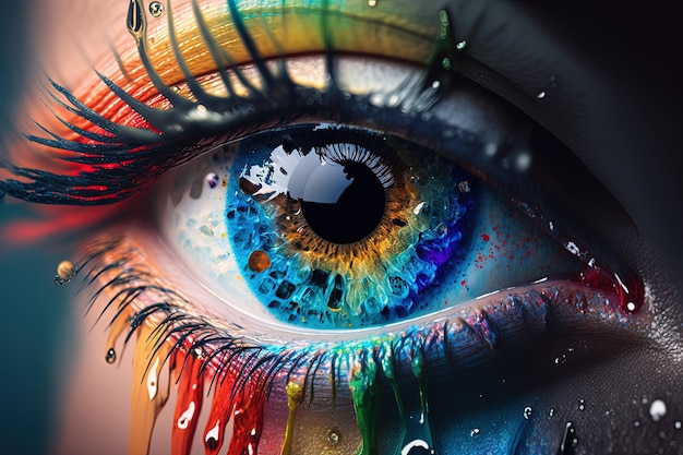 虹色の目の生成 AI のクローズ アップ