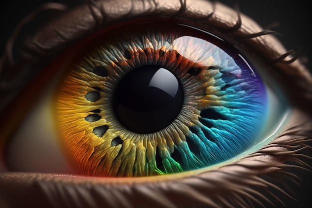 A close up of a rainbow colored eye