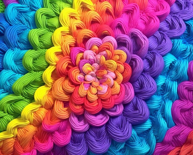 A close up of a rainbow colored flower made of yarn generative ai
