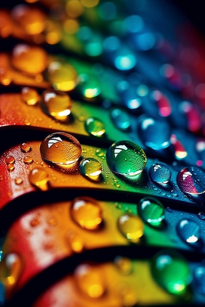 A close up of a rainbow colored leaf with water droplets generative ai