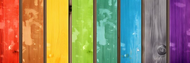 a close up of a rainbow colored wooden fence with a black background Generative AI