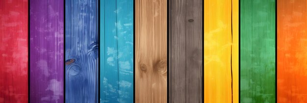 a close up of a rainbow colored wooden fence with a wooden surface Generative AI