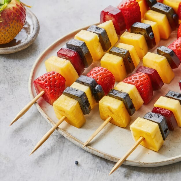 close up Rainbow Fruit Skewers