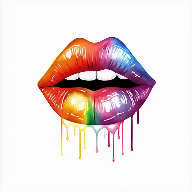 Foto un primo piano di un labbro arcobaleno con vernice che gocciola su di esso
