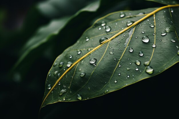 야외에서 비가 내린 후 고요한 자연에서 영감을 받은 스타일의 식물로 녹색 잎에 떨어지는 빗방울을 닫습니다.
