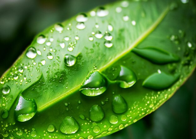 close up of raindrops on green leaves