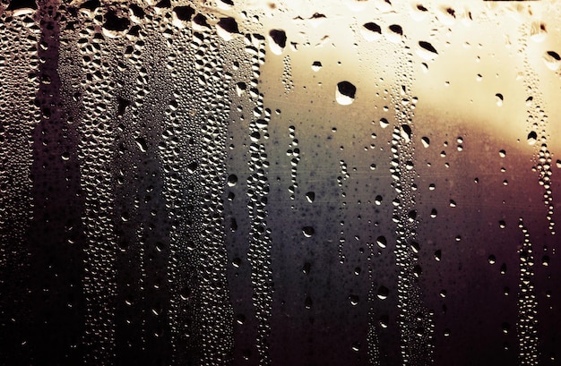 Photo close-up of raindrops on window against sky during sunset