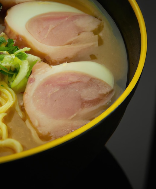 Close up of ramen in bowl on black background created using generative ai technology