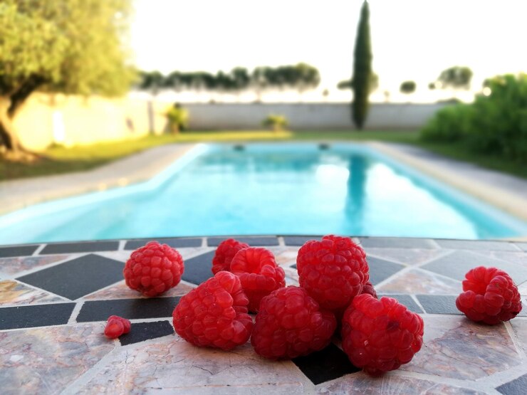 Photo close-up of raspberries at poolside