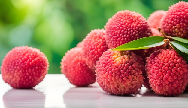 a close up of raspberries with a green leaf on the stem