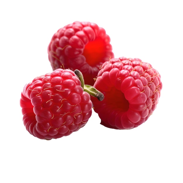 A close up of raspberries with a white background