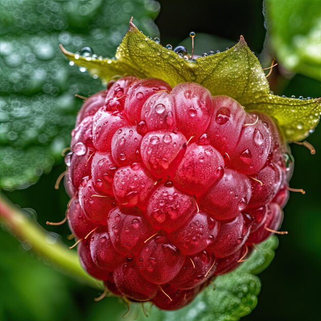 A close up of a raspberry flower with water drops