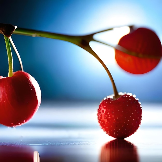 A close up of a raspberry with a blue background.