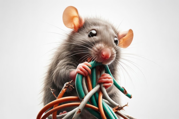Close-up Rat Kauwt op elektrische draden geïsoleerd op witte achtergrond