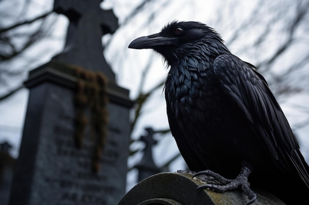 Close up of a raven perched on a gravestone