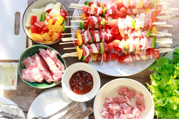 Close up  raw barbecue with various kinds of meat.