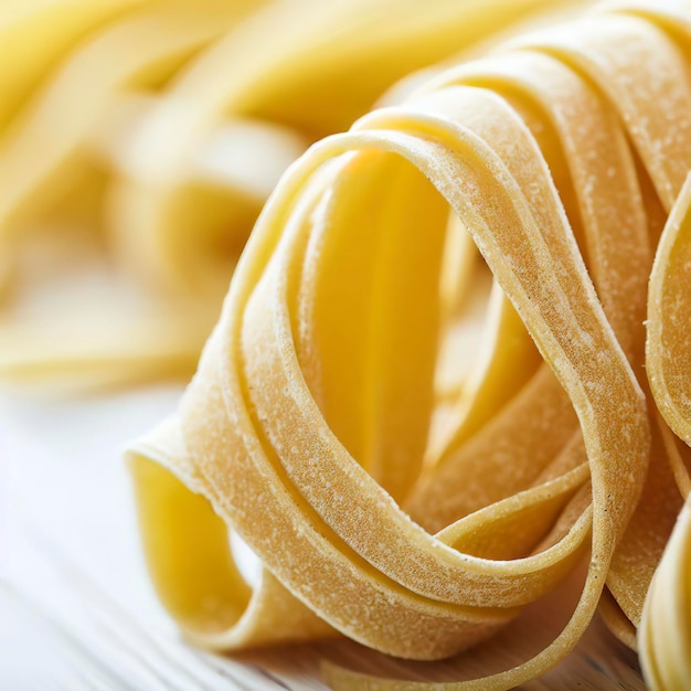 Close up of a raw dry italian pasta fettuccine on white wooden table