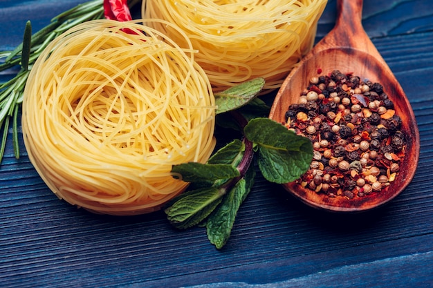 Close up of a raw dry italian pasta fettuccine